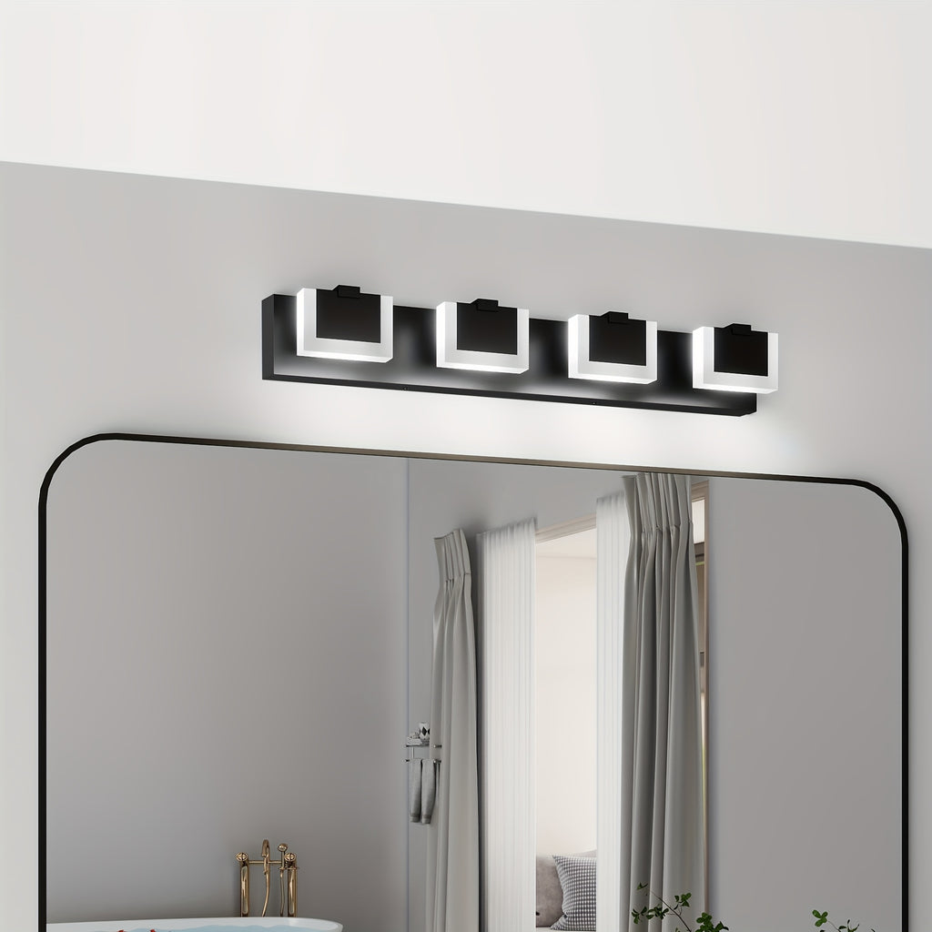 30-Inch 4-Light Bathroom Vanity Light, Elegant Modern Bathroom Wall Light, with LED Light Source and Square PC Material Shade, Wall-Mounted Fixture, Made of Stainless Steel, Dimmable, Suitable for Bathroom, Living Room, Bedroom (Black)