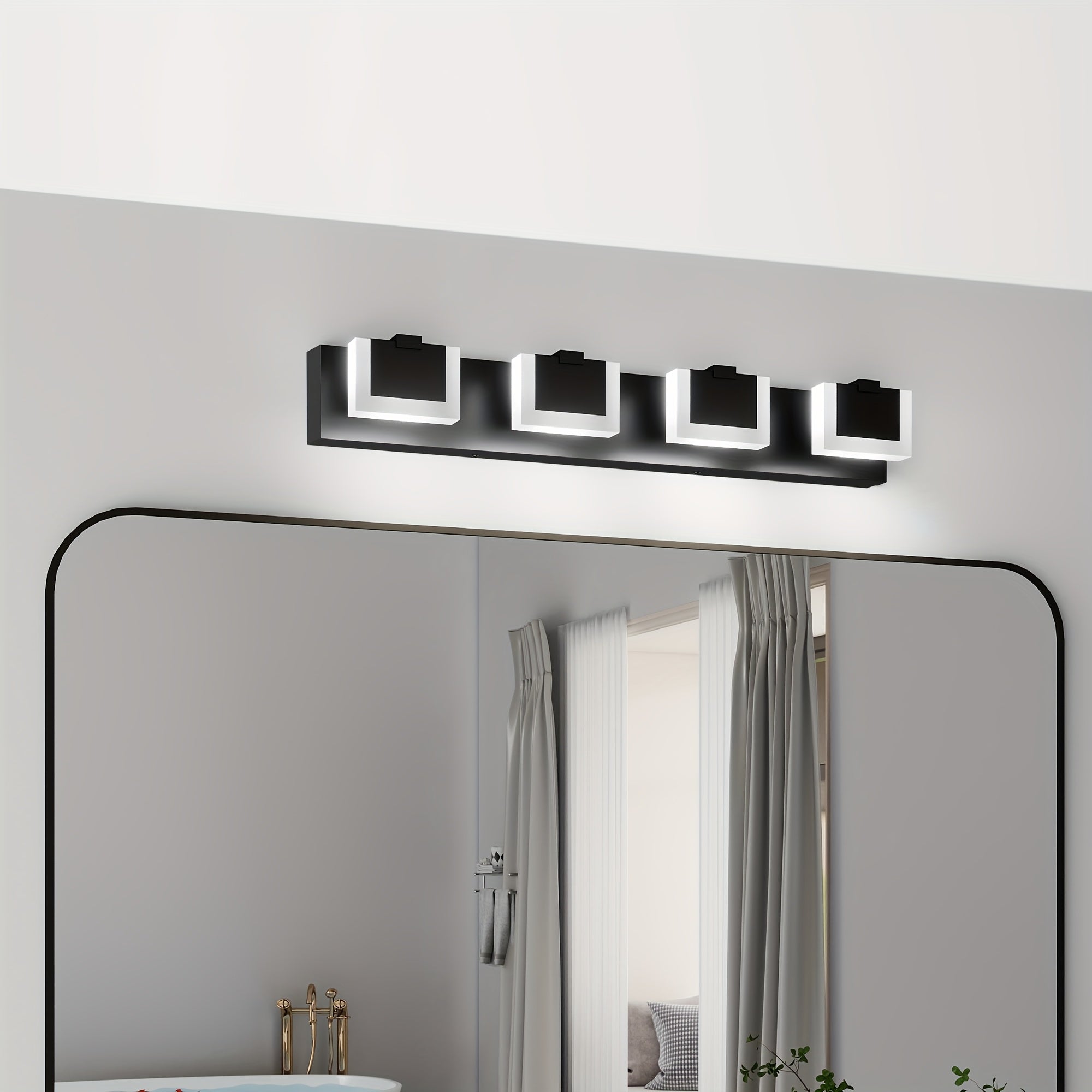 30-Inch 4-Light Bathroom Vanity Light, Elegant Modern Bathroom Wall Light, with LED Light Source and Square PC Material Shade, Wall-Mounted Fixture, Made of Stainless Steel, Dimmable, Suitable for Bathroom, Living Room, Bedroom (Black)