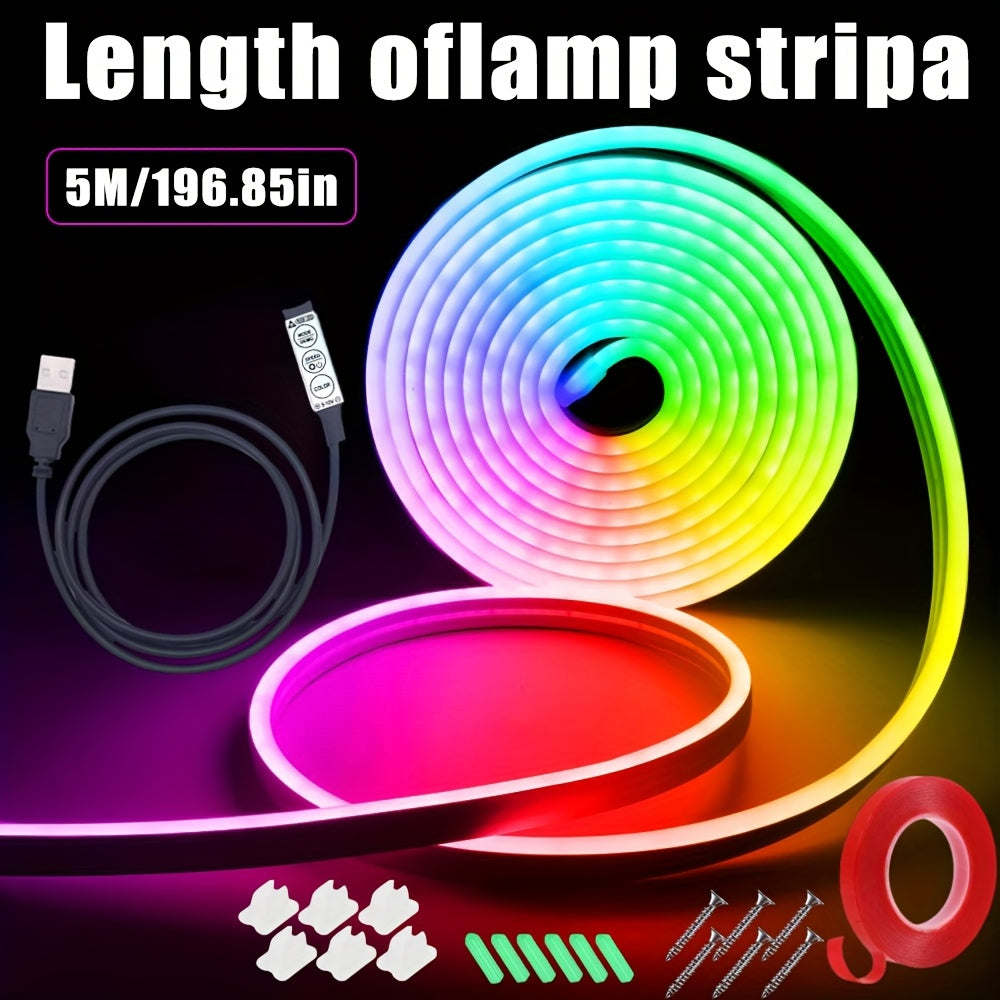 5V USB RGB霓虹LED灯带 39.37英寸/118.11英寸/196.85英寸 可弯曲夜光灯，三键遥控，多色调亮度可调，USB供电，适用于卧室、客厅、圣诞节、派对、婚礼、家庭装饰及咖啡馆内饰照明