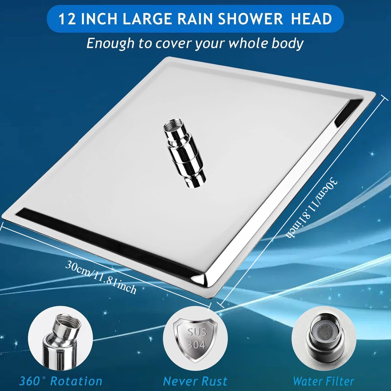 1pc 12" Square / 12"x8" Rectangular Waterfall Rain Shower Head - High Flow Stainless Steel, Polished Chrome Finish, Rustproof & Durable, Ceiling/Wall Mount, Includes Teflon Tape Installation Kit