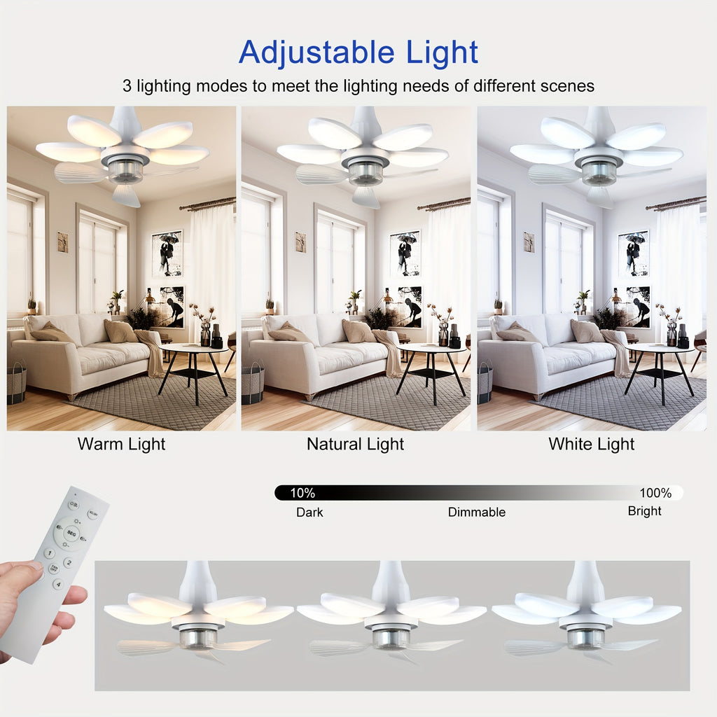 Wall Mounted Fan Light, Foldable Ceiling Fan with Light and Remote, Dimmable 4-Speed Silent Fan, Easy Install LED Bulb Ceiling Fan Replacement, 3000K-6500K Indoor Outdoor Use