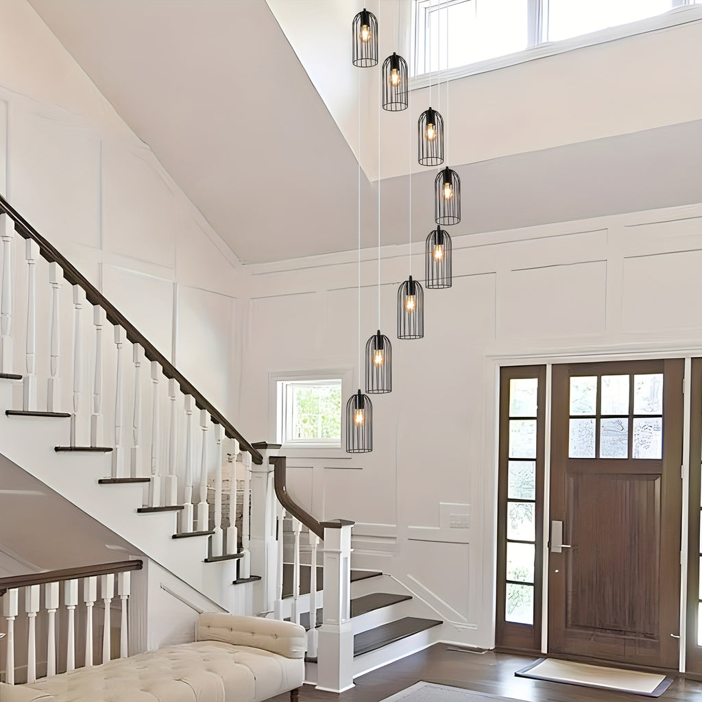 Ganeed modern staircase large chandelier, 114.2”/290cm tall unique cage chandelier long staircase ceiling pendant light, 8-light long spiral chandelier fixture, suitable for villa living room hall | LED light and home decoration