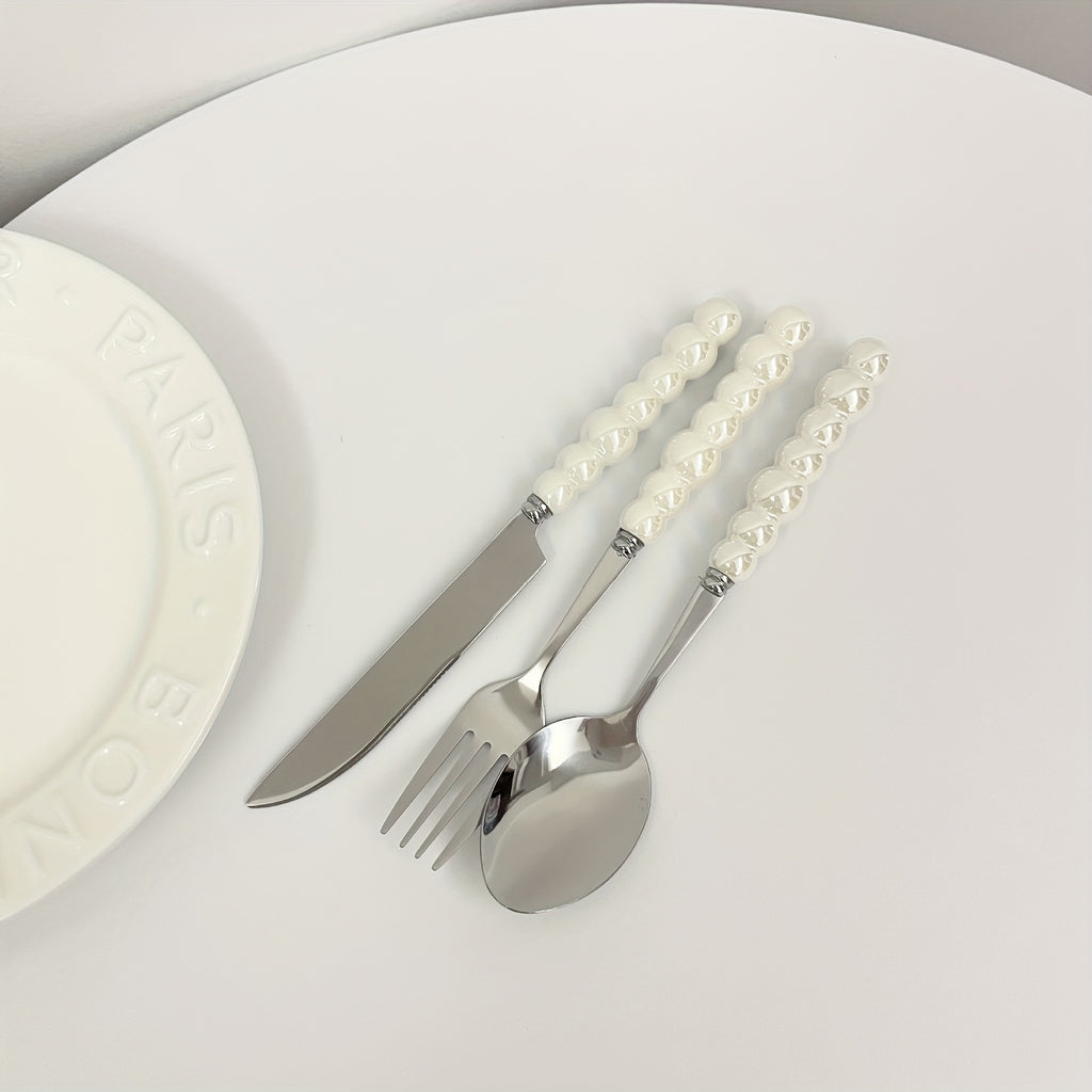 8/12/16Pcs Ceramic Handle Cutlery Set, Stainless Steel Knife Fork Spoon Set, Novel Creative Pearl-Shaped Handle Fork, Soup Spoon, Rice Spoon, Perfect for Restaurant & Home Dining, Kitchen Supplies, Kitchen Accessories, Kitchen Utensil Set