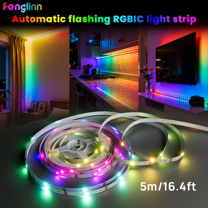 RGB IC USB 智能LED灯带，自动变色 - 15种模式，5V USB供电，无需控制器，长度从1到590.55英寸，非常适合卧室、客厅、婚礼、装饰照明、现代照明、高品质照明