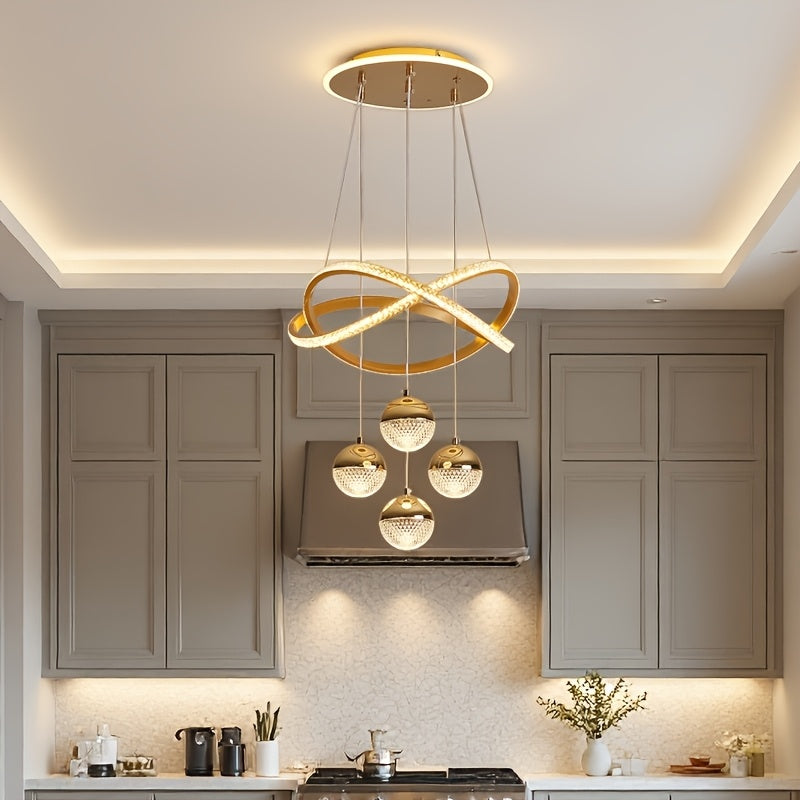Stylish pendant light with four spherical lamp heads and a ring light, three color temperatures, height adjustable, suitable for dining room, bedroom, villa, living room, study