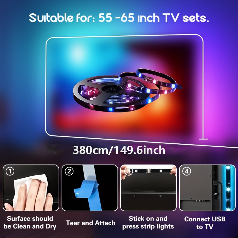 150inch USB智能LED灯带，带摄像头，适用于屏幕电视，电脑、大屏智能氛围灯带，舞台智能灯带，拾取屏幕色彩，LED条形灯与屏幕和音乐同步，遥控+线控
