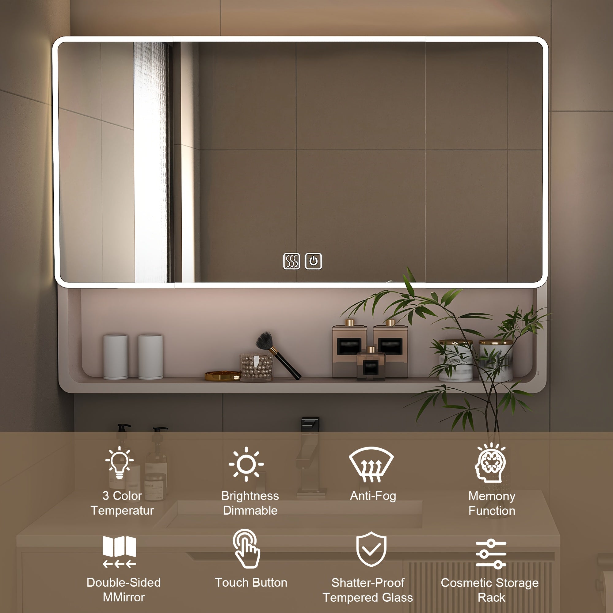 Stone 35"x28" Aluminum Bathroom Mirror Cabinet with Smart LED Lighting & Anti-Fog - Wall Mount Vanity Mirror with Cosmetics Shelf & Hair Dryer Holder, Khaki
