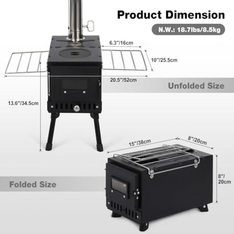 Portable Windproof Chimney Wood Stove, Includes Gloves & Tent Rope, Camping Wood Stove for Tent Shelter, Outdoor Cooking & Heating, Black