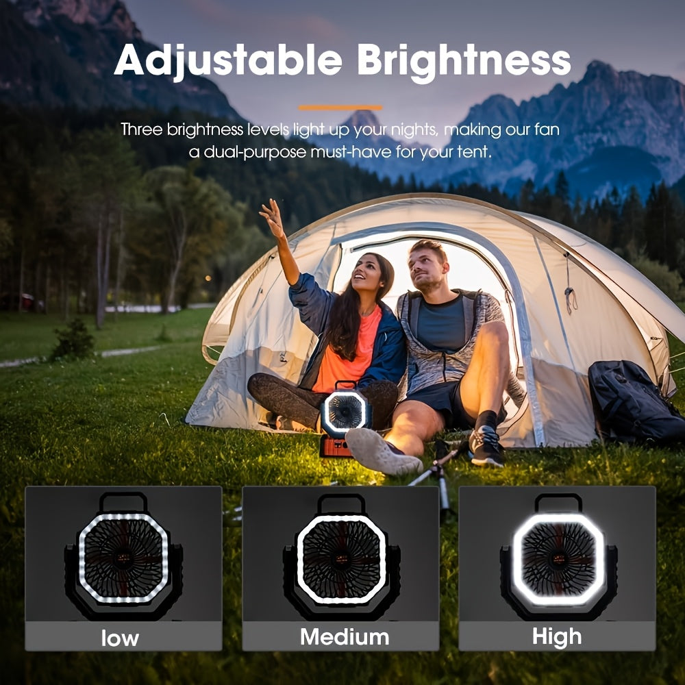 3-in-1 Rechargeable Fan with Charging Lighting and Fan Function, Battery Powered Camping Fan, Portable LED Lantern Camping Fan, 4 Speed Rotatable Rechargeable Fan for Tent, BBQ and Travel Use