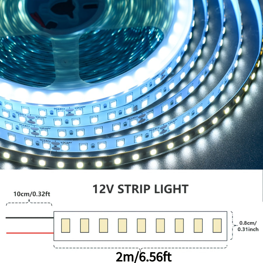 12V LED灯带，8毫米线性，高密度柔性灯带，每米120颗灯珠，适用于厨房、楼梯、房间装饰照明。白光/中性光/暖光，不防水（不含12V电源）