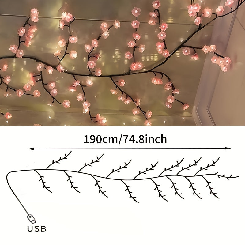 1件 72LEDS/96LEDS/144LEDS樱花藤条灯，发光的樱花树枝灯，可弯曲的樱花藤蔓灯，LED树枝灯，8种闪烁模式，USB供电，DIY，室内氛围装饰灯，适用于卧室，客厅，墙壁，派对，节日，婚礼等氛围装饰，室内灯串，节日装饰灯