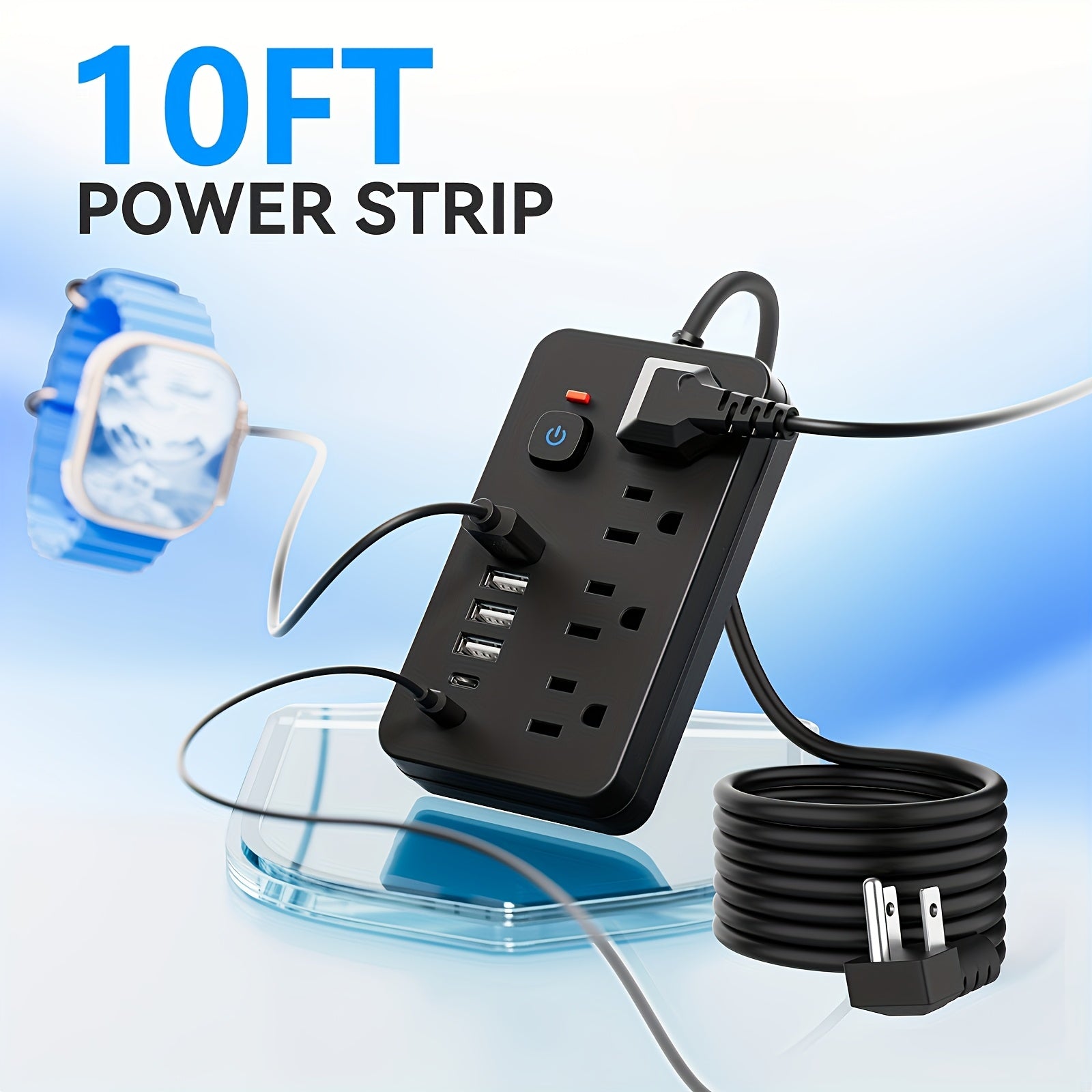 1 Unit of a 10-In-1 Versatile Power Strip Featuring 4 AC Sockets And 6 USB Ports, Available in 5FT Or 10FT Cord Lengths. Its Compact Design Includes Surge Protection And Can Be Mounted on Walls, Making It a Must-Have for Home, Office, Dormitory