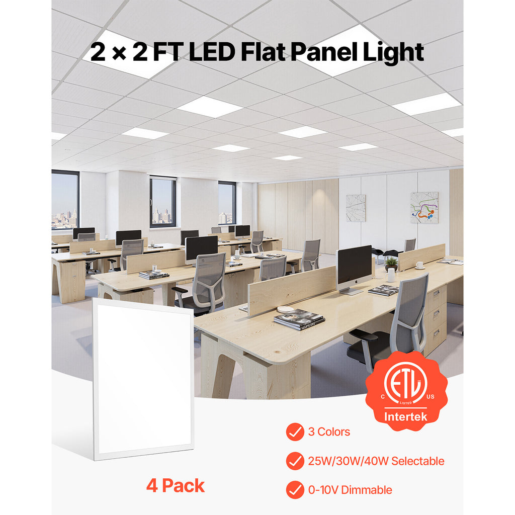 VEVOR 2x2 ft LED Flat Panel Light, 5700 Lumens, Recessed LED Ceiling Fixture, 3 Color Options 3000K/4000K/5000K, 25W/30W/40W, 0-10V Dimmable, Ultra-Slim Design Suitable for Home Kitchen, 4-Pack
