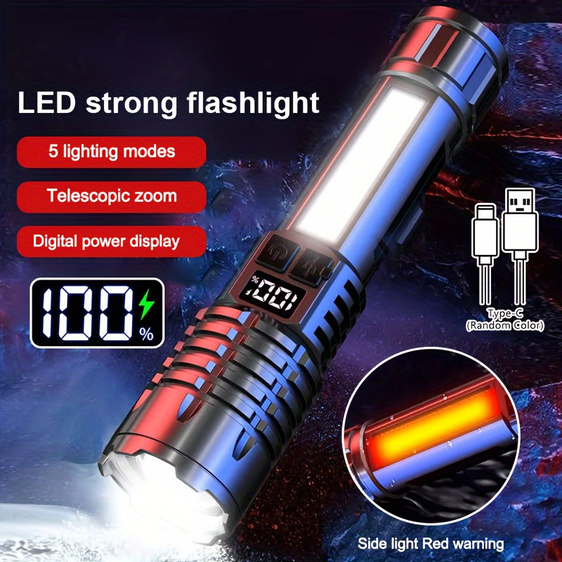 1Pc Super Bright XHP70 Powerful LED Flashlight, Power Bank Flashlight, USB Rechargeable Camping Tactical Flashlight with COB Light, Ideal for Camping and Emergency Use