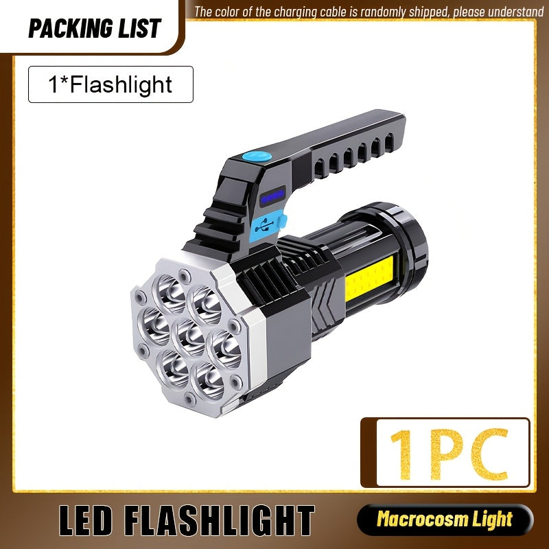 1 Black Household 7LED Handheld Flashlight, Portable COB Security Flashlight, USB Rechargeable Work Safety Searchlight, 4 Lighting Modes, Ideal for Reading, Fishing, Emergency Lighting, Night Patrol & Work