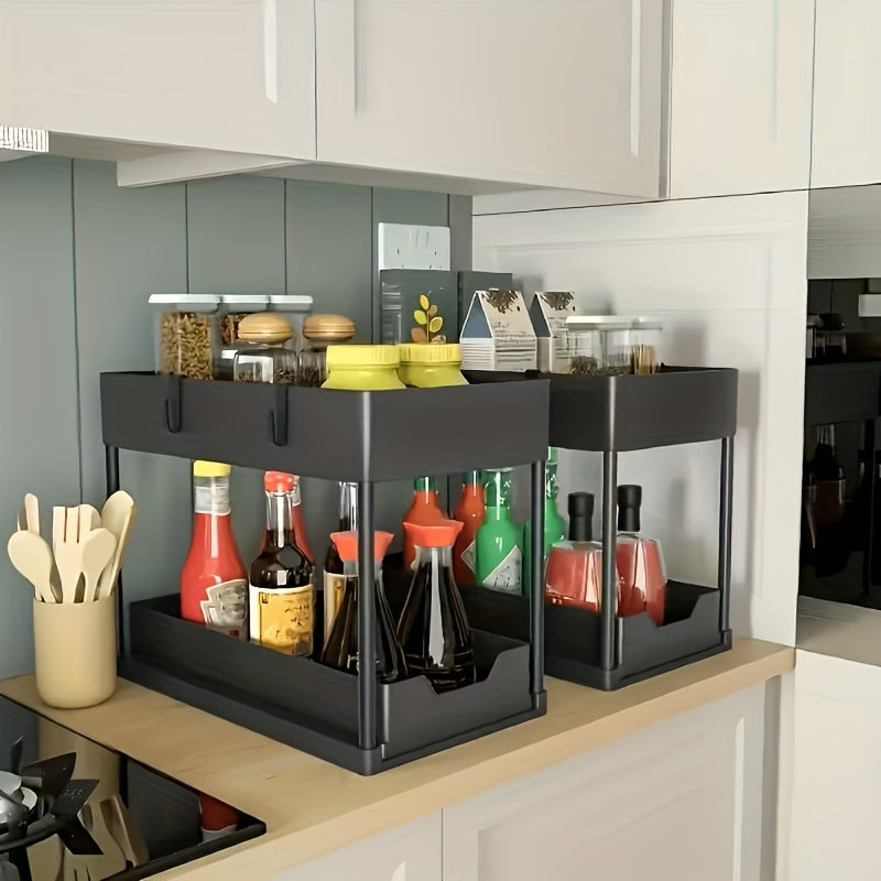 Multi-functional Pull-out Under Sink Organizer and Storage, Suitable for Bathroom & Kitchen, 2-Tier Sliding Cabinet Basket, Bathroom Cabinet Storage Box with Hooks, Storage Cup, Home Kitchen Accessories