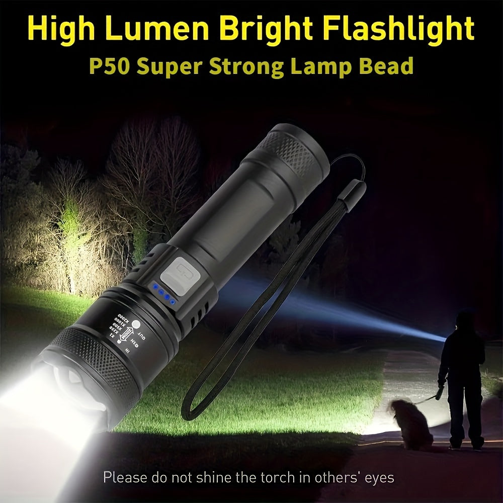 Ultra Powerful XHP50 LED Flashlight, Built-in Rechargeable Battery, Super Bright Zoomable Light, Perfect for Camping, IP65 Waterproof