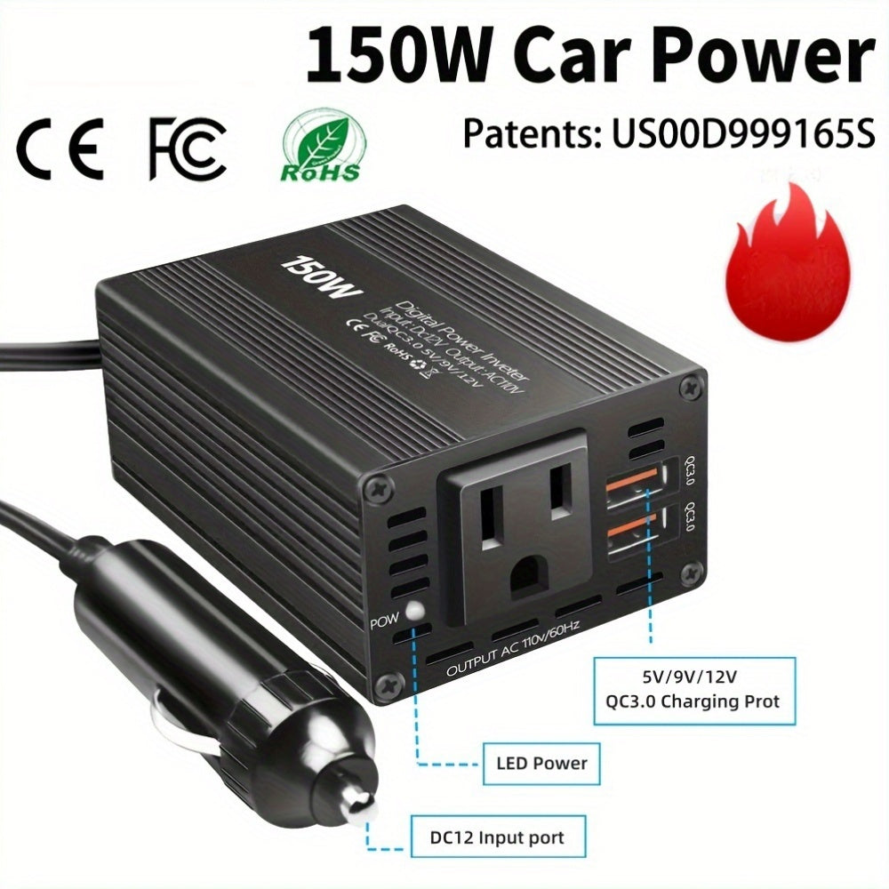 1个150W汽车电源逆变器，12V-36V转110V-130V直流至交流，带3.1A双USB端口，适用于iPhone iPad手机快速充电，车载插头适配器，旅行和车辆用途，高功率输出，黑色时尚设计 |