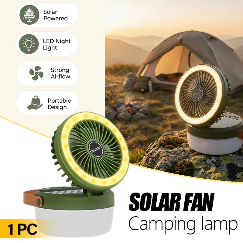 3000mAh Solar Camping Fan, Outdoor Fan with Solar Panel, Portable LED Light Fan, Handheld & Hanging Mini Fan, USB Rechargeable Quiet Fan with Emergency Power Bank, Ideal for Camping Picnic Barbecue Fishing, Supports Phone Charging