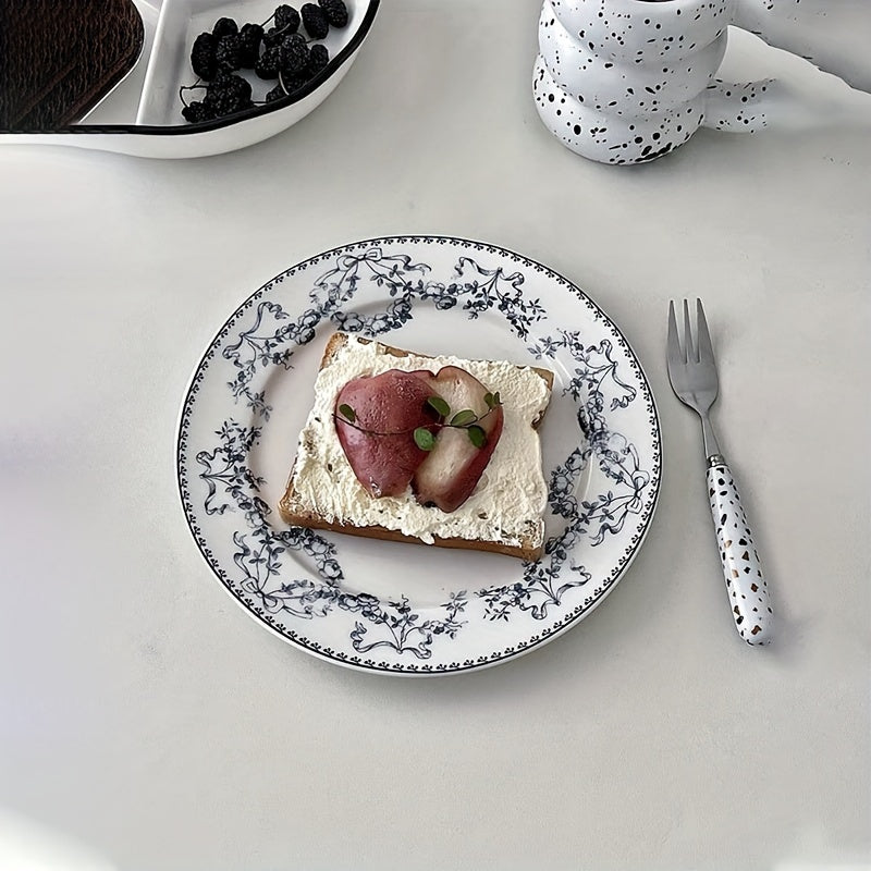 Vintage Floral Flat Plate, Mid-Century Style Dinnerware, Ceramic Plate for Western Food, Pasta, Dessert, Cake, Breakfast