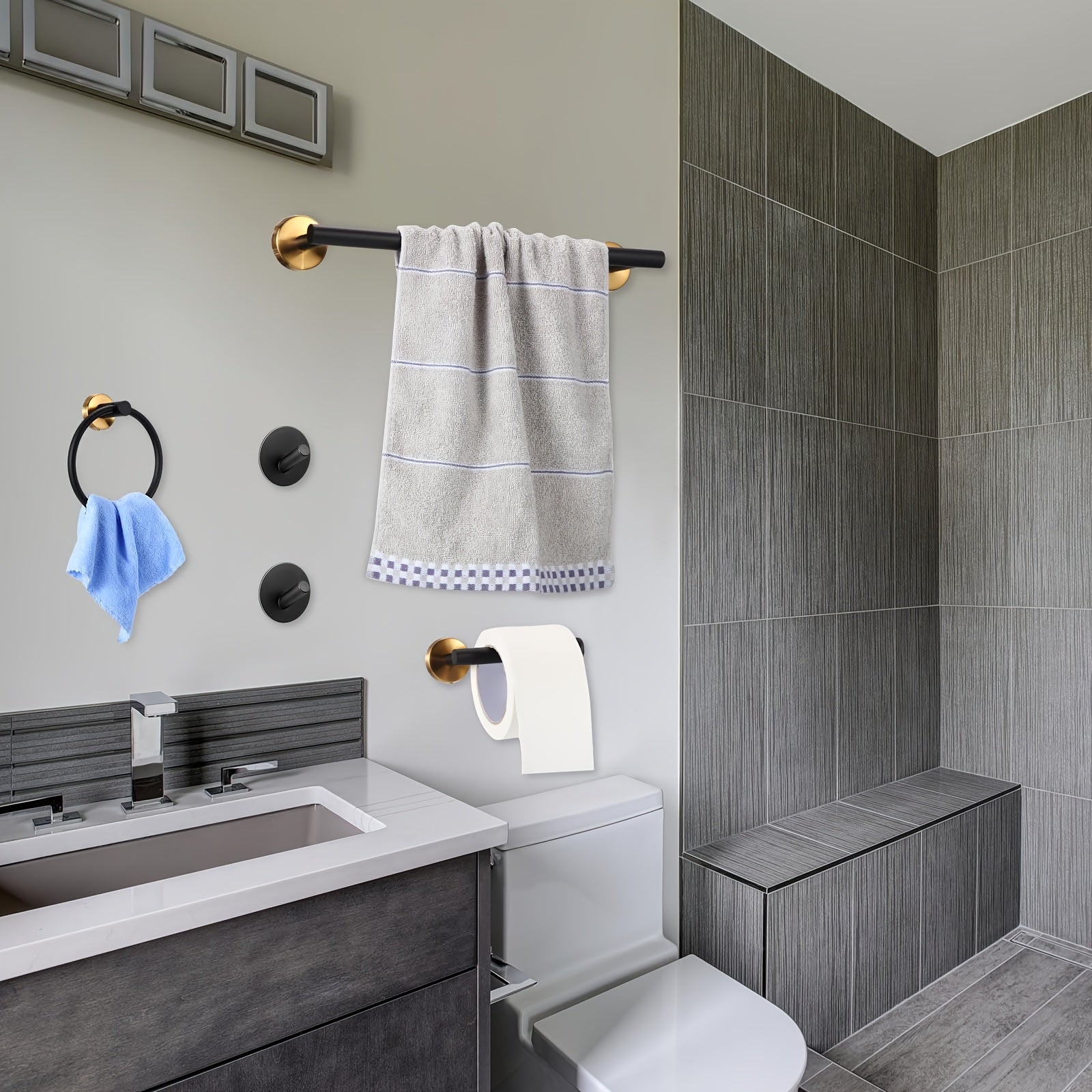 10-Piece Matte Black Bathroom Hardware Set - SUS304 Stainless Steel Wall Mount Towel Bar (16"), Toilet Paper Holder, Corner Hook & 2 Robe Hooks, with Screws & Anchors - Rustproof Bathroom Organizer for Towels, Robes, Accessories - Easy Install