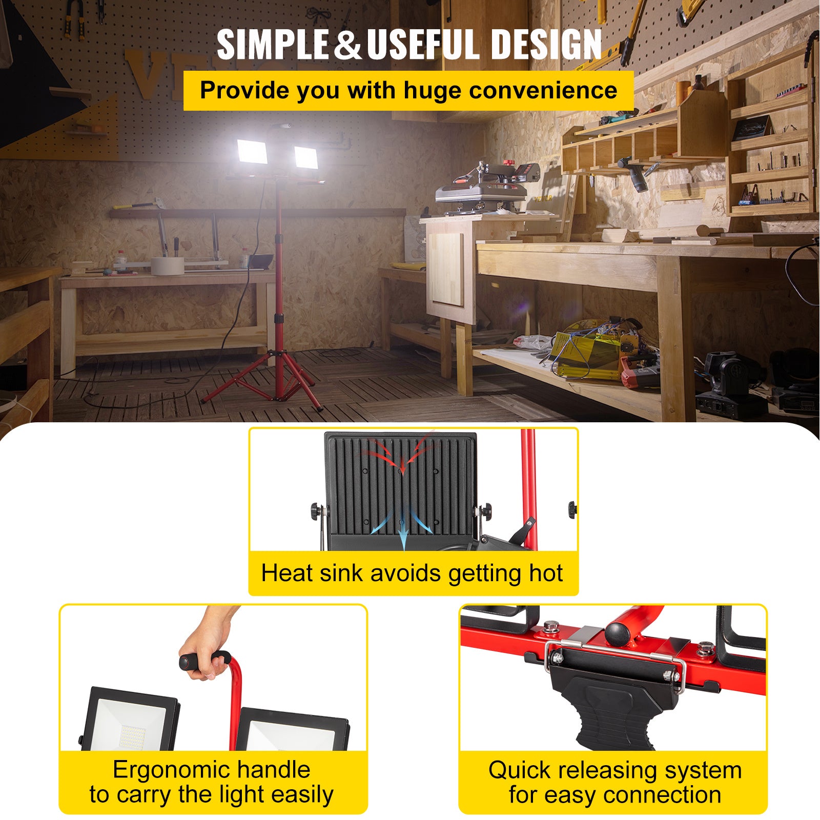 VEVOR LED work light with stand, 1/2 pieces, 5000lm/10000/20000 lumens dual-head LED work light, 27.6“-68.1” adjustable foldable tripod, IP65 waterproof LED tripod work light, 5000 Kelvin color temperature