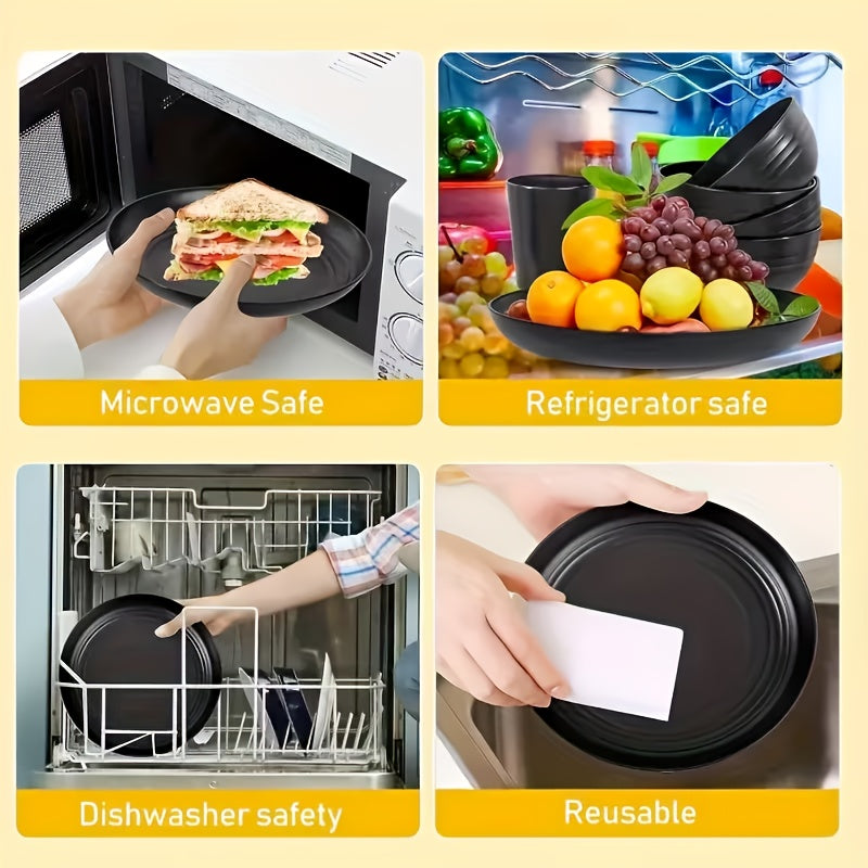 16/32Pcs Wheat Straw Plastic Tableware Set 4/8 Person Unbreakable Dinner Plate Dessert Plate Cereal Bowl Cup Outdoor Camping Family Birthday Party Tableware