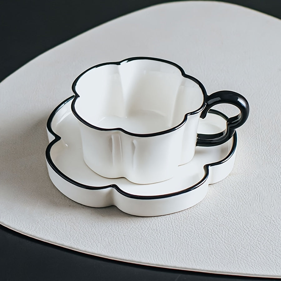 Nordic Simple Petal-Shaped Ceramic Coffee Cup & Saucer Set – Unique Office & Home Afternoon Tea Cup Set, High-End & Exquisite, High-Appeal Birthday Gift, Souvenir – Reusable, Hand Wash Only
