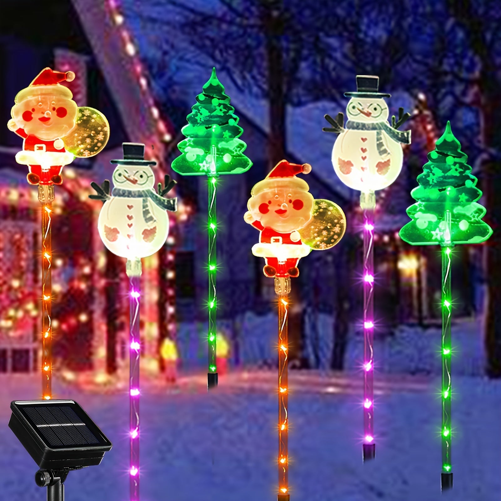 6个/1套 太阳能圣诞庭院灯 - 圣诞驯鹿和麋鹿、圣诞老人、雪人和树木设计。IP65 圣诞花园插地灯 户外花园走道节日装饰，带8种照明模式