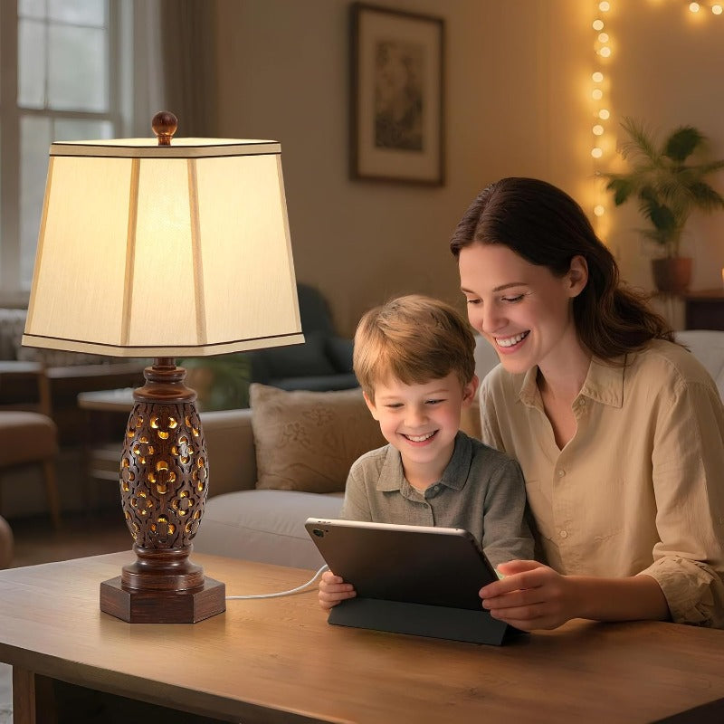 Bedside lamp set (2-pack) - 23.5-inch vintage table lamp, equipped with USB A+C ports and night light function - brown carved resin farmhouse style desk lamp, suitable for bedroom, side table and living room, bulbs included
