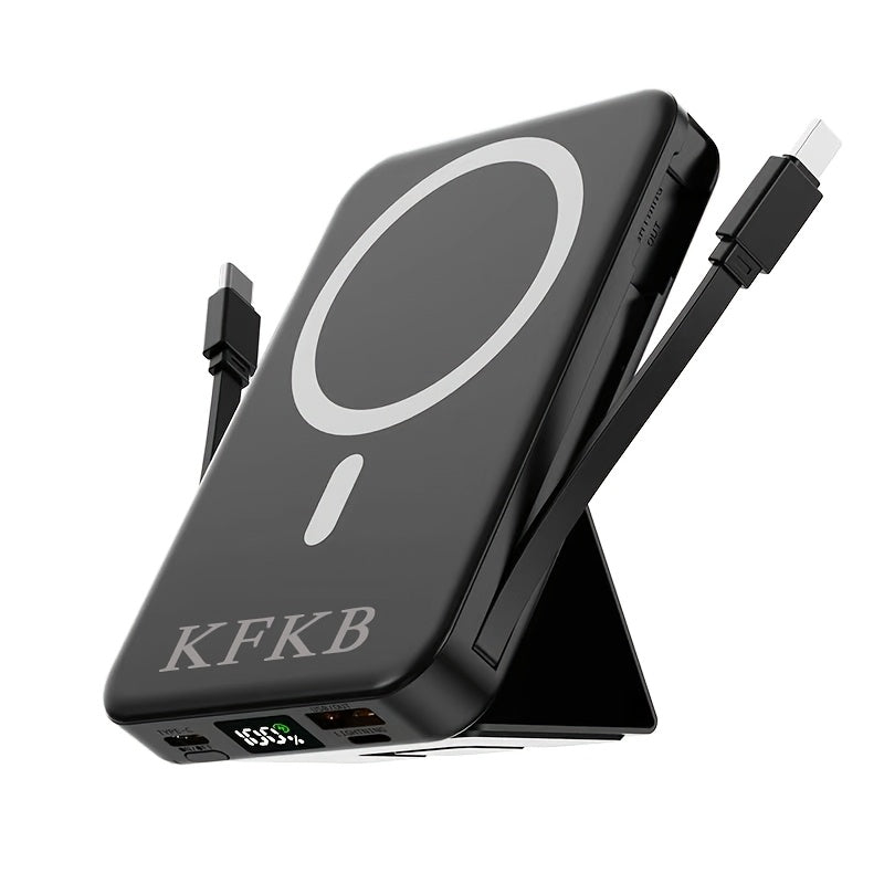 10000mAh 磁性行動電源，USB-C 快速充電外接電池組，內建資料線，可同時為 5 個裝置和筆記型電腦充電，並附支架-適合旅行、工作和日常使用、筆記型電腦、平板電腦、多裝置充電器、旅行、徒步旅行、露營、健身房、辦公室緊急 USB-C 外接電池