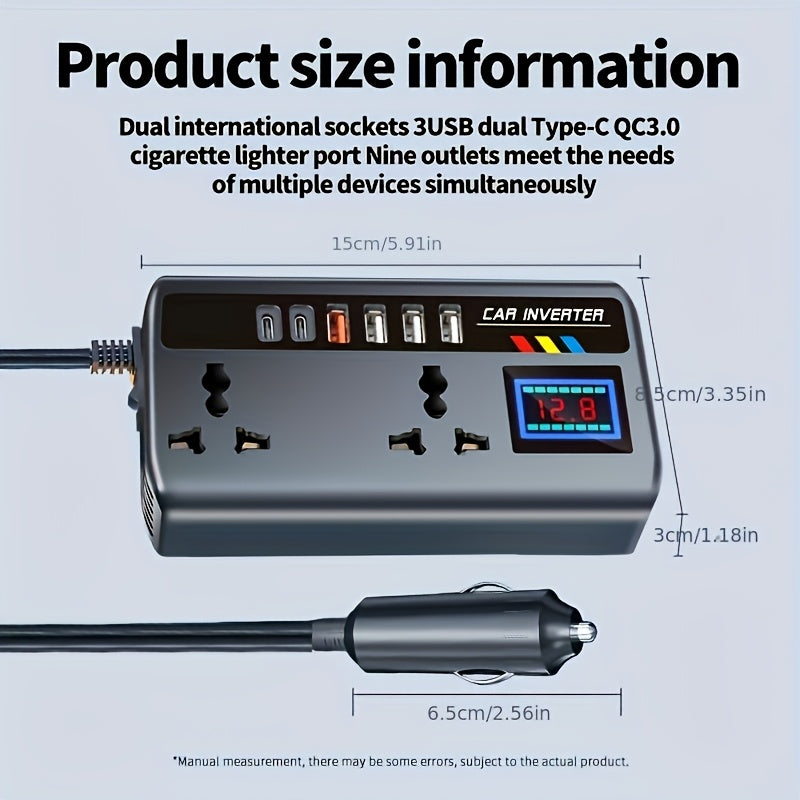 200W车载逆变器，直流12V/24V转交流110V/220V汽车电源转换器，配备4个USB接口+2个Type-C接口、2个通用输出插座，带智能显示屏，是轿车、房车及卡车的必备品