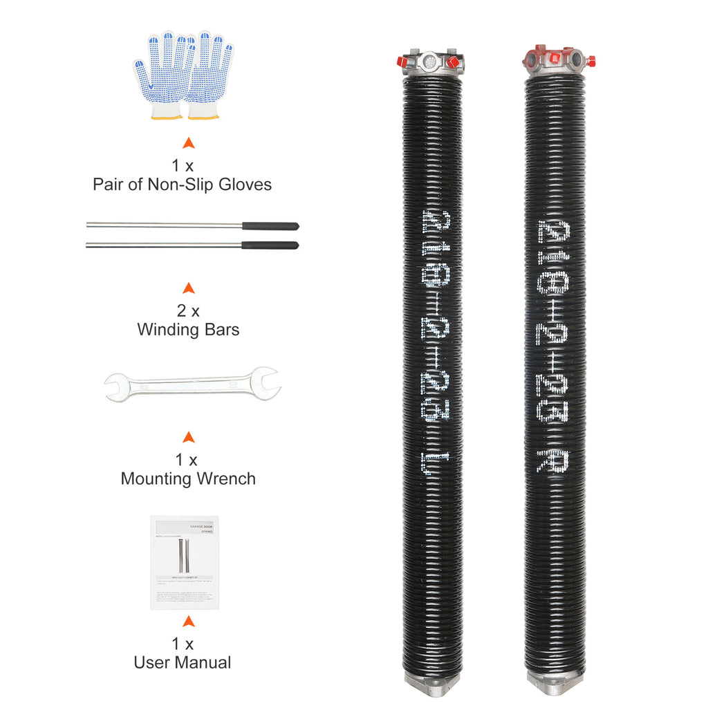 Garage Door Torsion Spring, 16,000 Cycles, 0.25 x 2 x 30in / 0.207 x 2 x 22in / 0.218 x 2 x 24in / 0.218 x 2 x 23in, with Non-Slip Winding Bars, Installation Tools and Gloves, Electrophoretic Coating, for Replacement