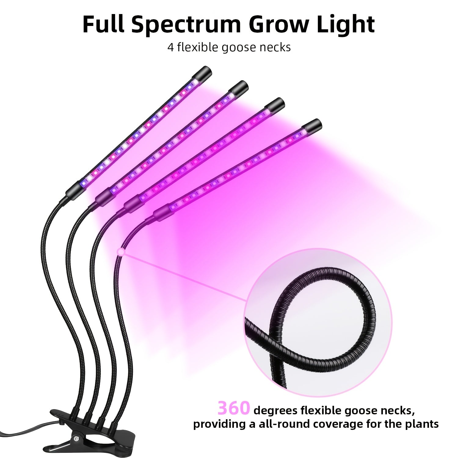 1PC Full Spectrum 4-Head Adjustable LED Plant Grow Light, 3 Light Modes, 9 Dimmable Brightness Levels, 3H/6H/9H Timing Function, USB Powered, Suitable for Succulents, Green Plants, Flowers, Seedling Cultivation and Hydroponics