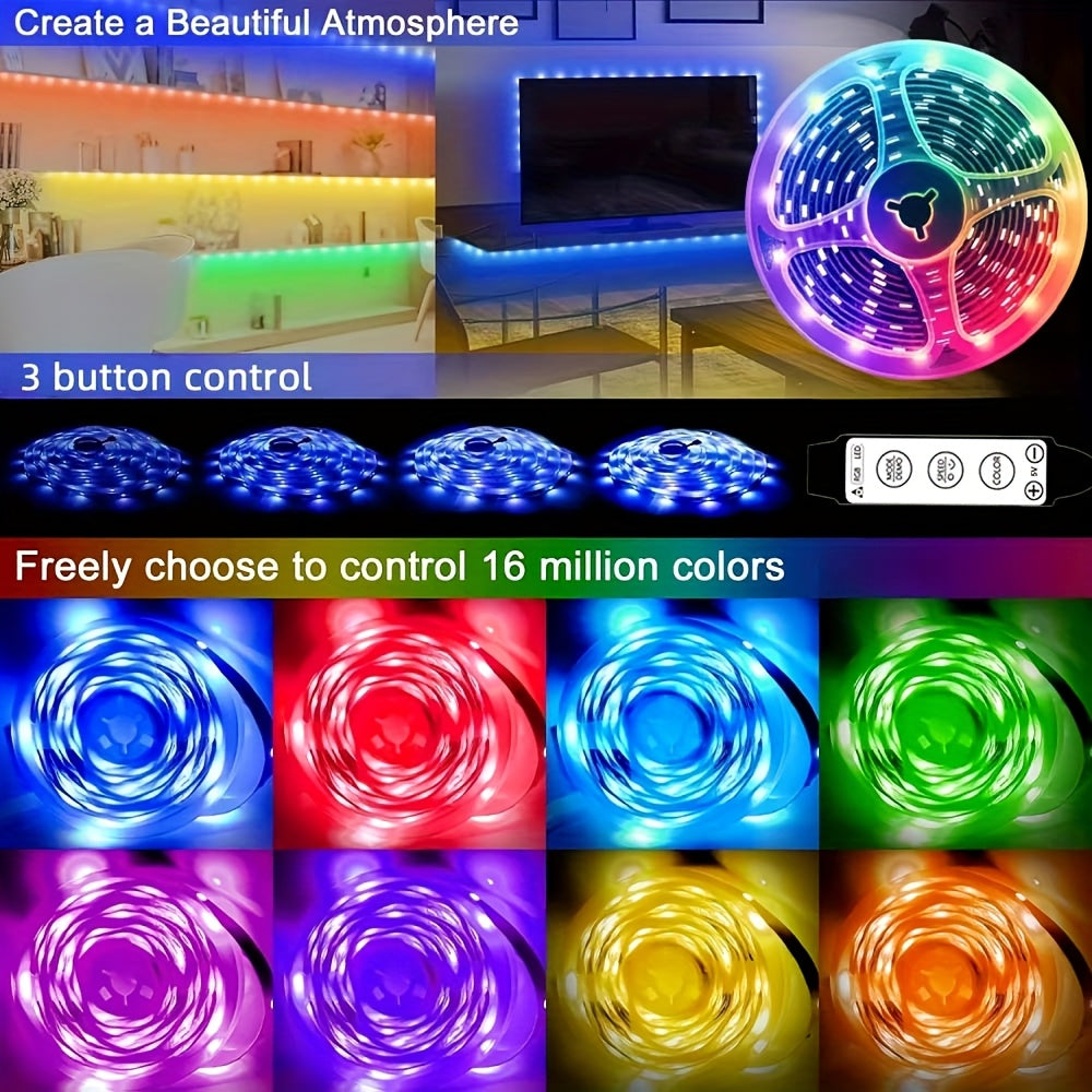RGB LED灯带，USB 5V供电，3键控制器，可变色可调光，适用于派对氛围、电视背光、卧室、客厅、家居装饰、环境照明、DIY小夜灯、USB小工具、仙女灯、情绪灯、游戏桌搭配灯