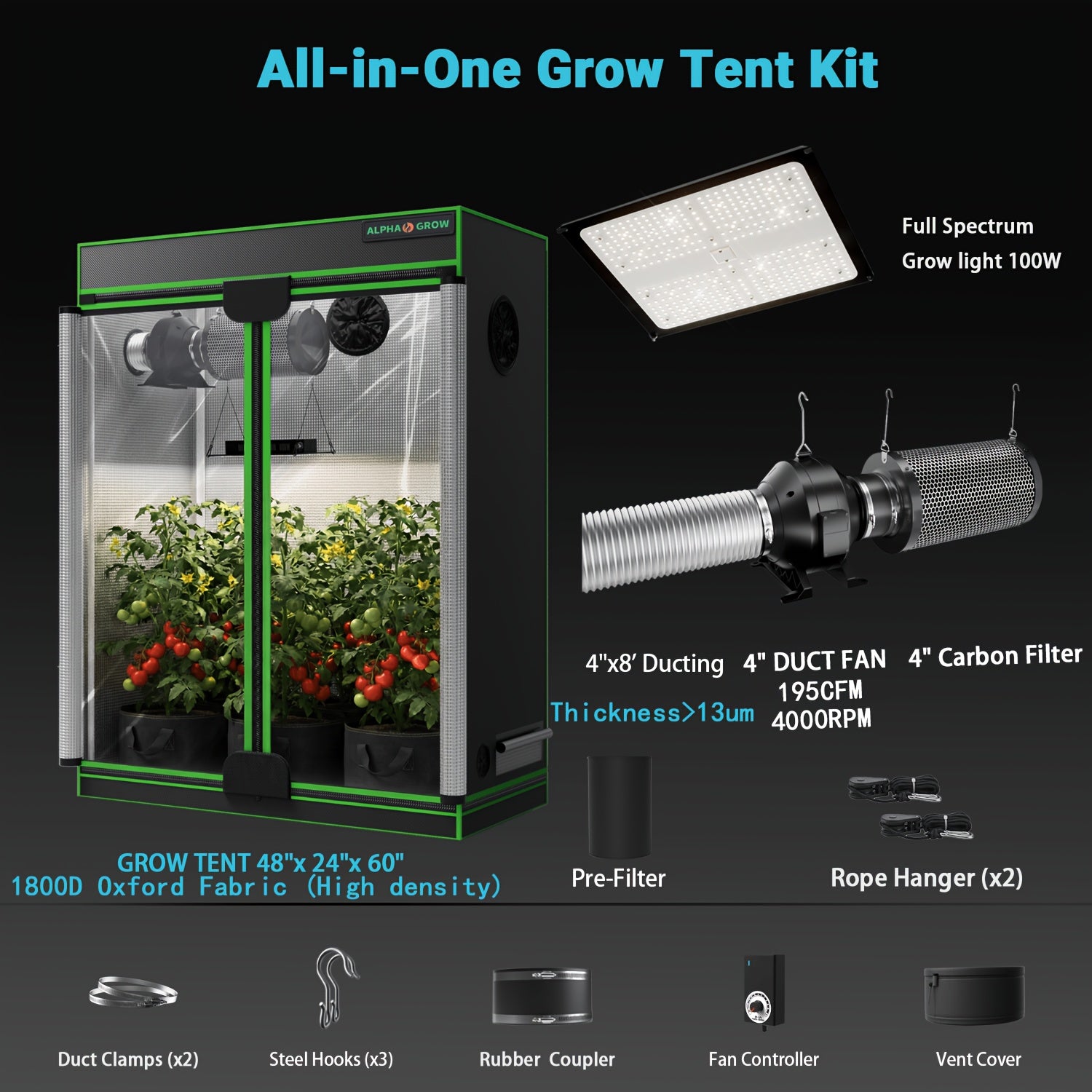 Pro 4x2/4x4/2x2 1800D Grow Tent Kit, 48"x24"x60", Complete Hydroponic System Kit for Indoor Plants, 100W Full Spectrum LED Grow Light, 240CFM 6" Inline Fan & Independent Carbon Filter Air Circulation, High-Reflective Mylar Setup
