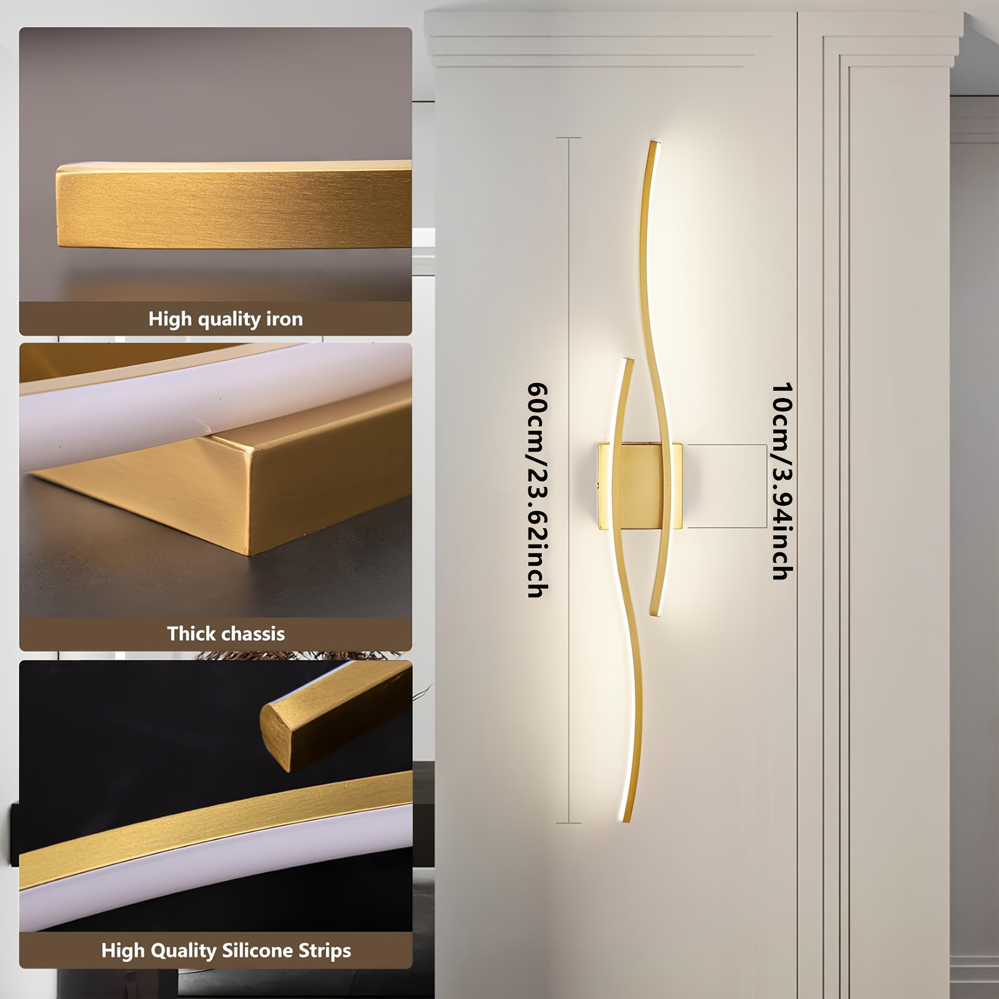 1PC Gold LED Wall Light, Rechargeable Wall Fixture, Removable Recessed Installation, 3-Color Dimmable, Perfect for Living Room, Bedroom, Dining Room, Cafe, Hotel and Bathroom, Decorative Wall Light | Modern Lighting Sconce | High Quality Vanity Light