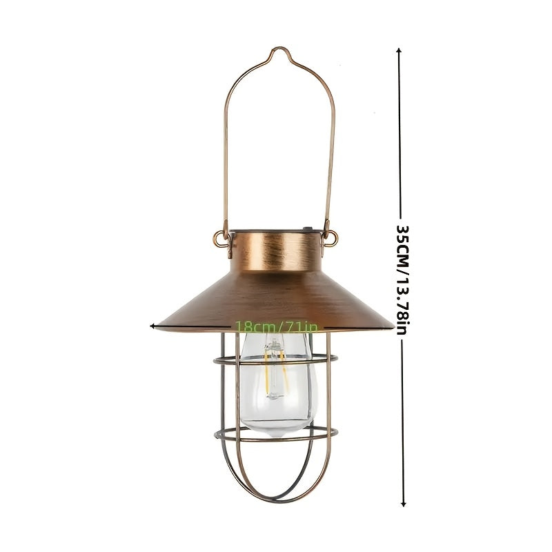 Solar portable hanging light, copper metal Edison warm light bulb, courtyard, patio, porch, pathway lighting, Halloween, Christmas holiday decorative gift, vintage outdoor decorative light