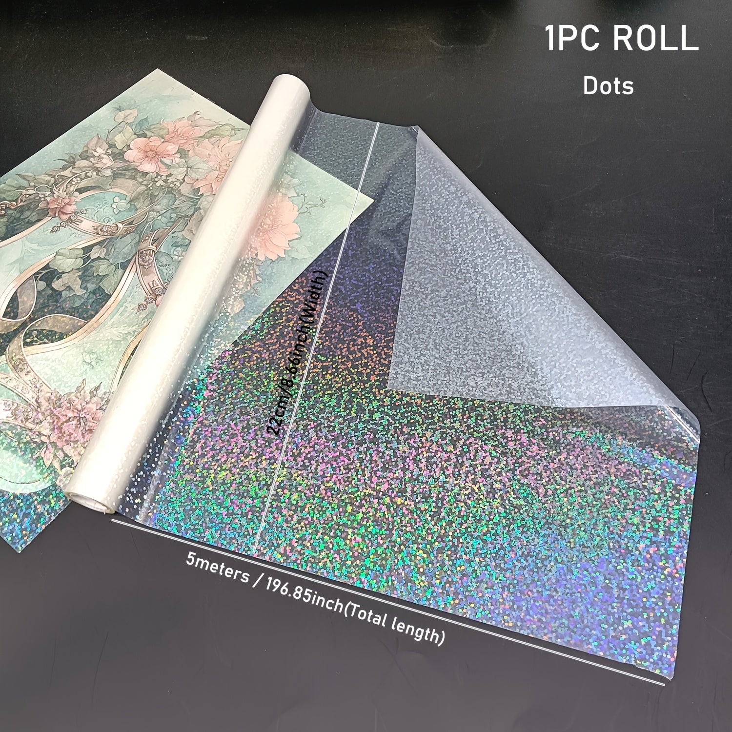 1卷BOPP全息预涂膜，0.98Mil厚，8.66英寸 × 196.85英寸 - 4种款式闪光全息覆膜膜，防刮，非常适合剪贴簿和办公使用