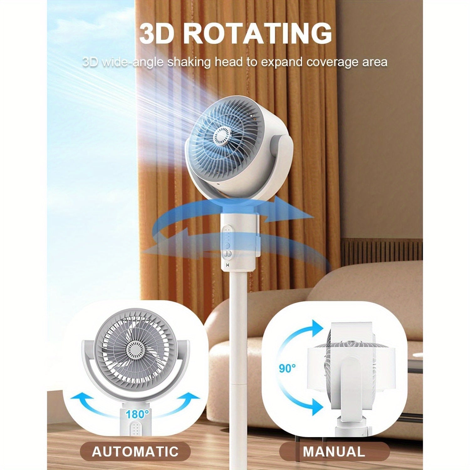 Bedroom Standing Fan With Air Circulation Function, 90° & 180° Oscillation, 5 Speed Settings, Multi-functional Design For Base And Desktop Use, Adjustable Height 15 Inch 23.6 Inch 32.3 Inch