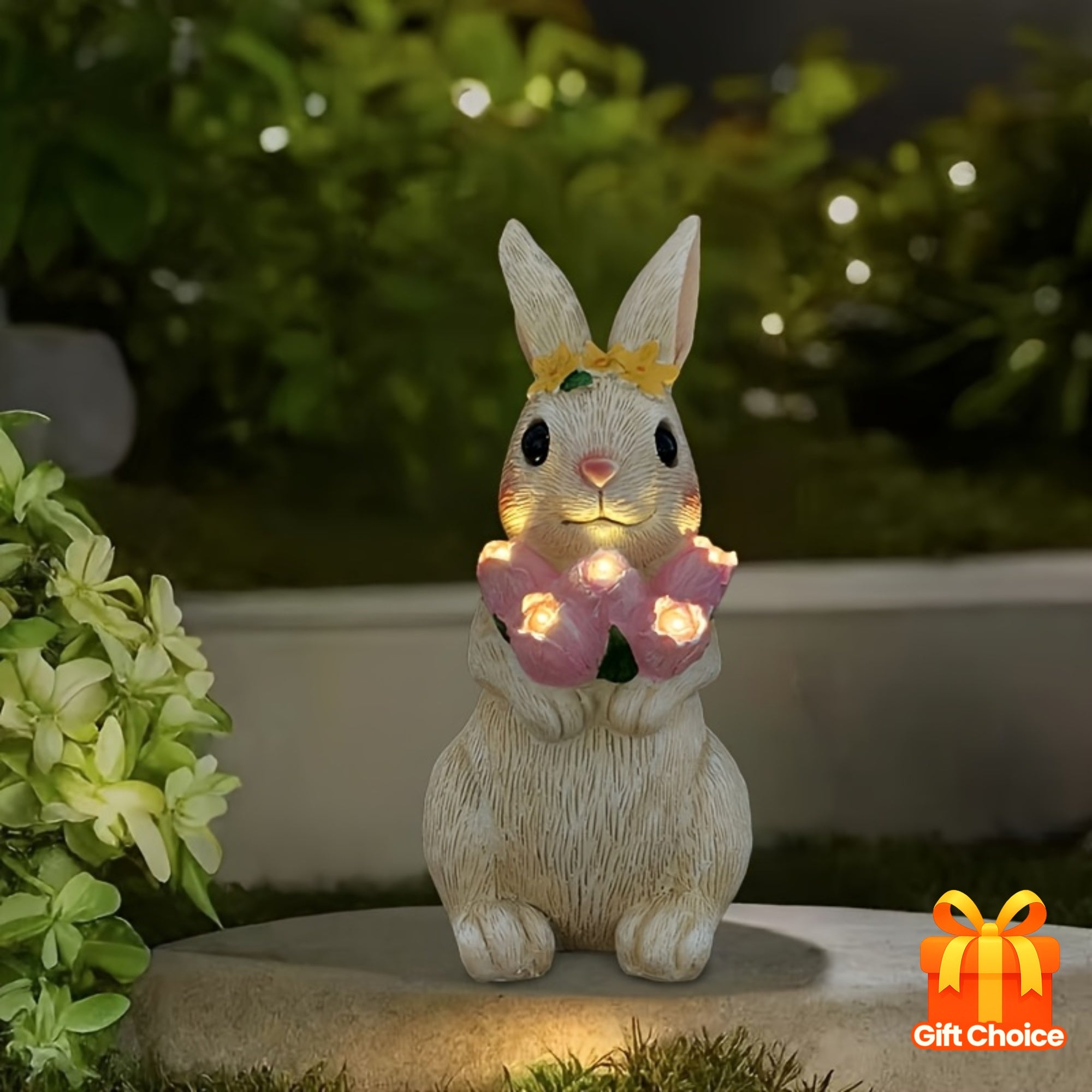 IP65 Outdoor Solar Statue Light Resin Rabbit Holding Tulip Flower Light with LED Ambient Light Courtyard Home Decoration Lawn Steps Patio Path Decoration Valentine's Day Thanksgiving Easter Halloween Christmas Holiday Gift