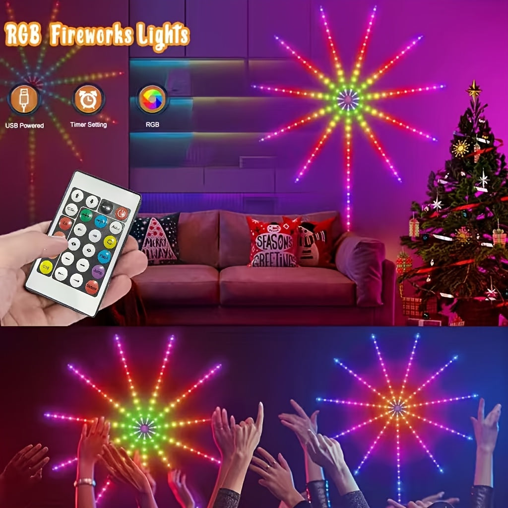 RGB 智能烟花灯带，遥控器控制，多种灯光模式，音乐同步RGB ，梦幻色彩LED灯条USB接口供电 – 适用于室内派对、圣诞装饰、智能家居装饰氛围，节日送礼的完美选择