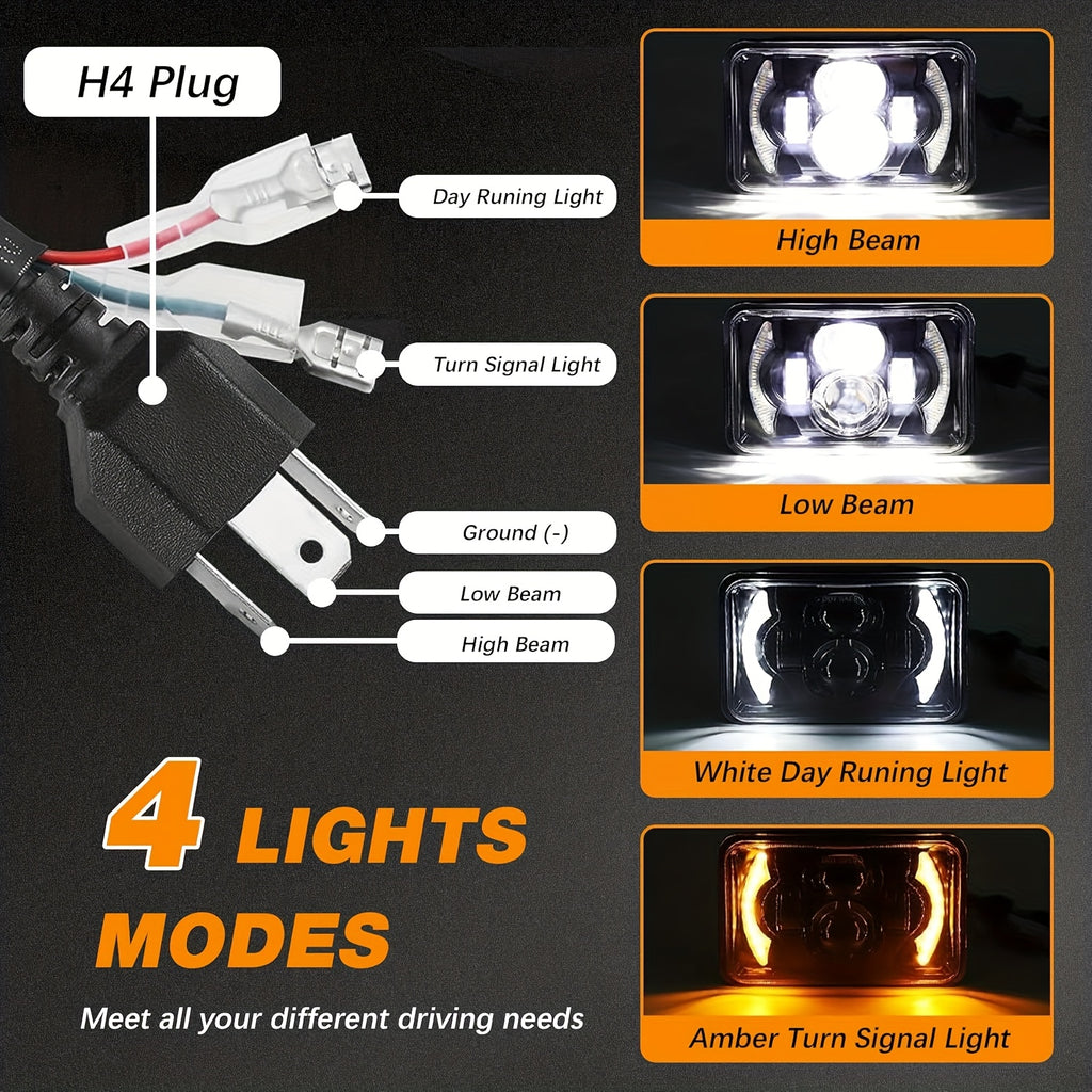 2-Pack 4X6 LED Headlight Set with High/Low Beam, Designed for Cars, with Daytime Running Light and Turn Signal, Suitable for 12V and 24V Trucks, No Battery Included