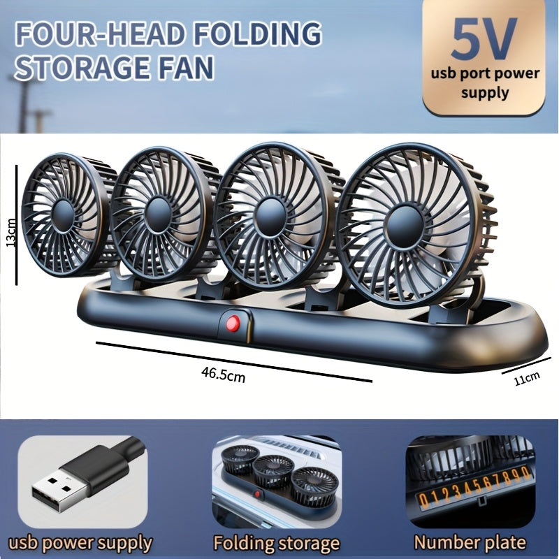 Foldable 4-Head Car Fan, 3-in-1 3-Speed 4-Cooling Fan, USB Interface Flexible Adjustment Space Saving, Low Noise 360° Rotation Multi-Directional Air Supply, Suitable for Car Home Laptop Accessories, Essential for Summer Driving Vehicle Ventilation