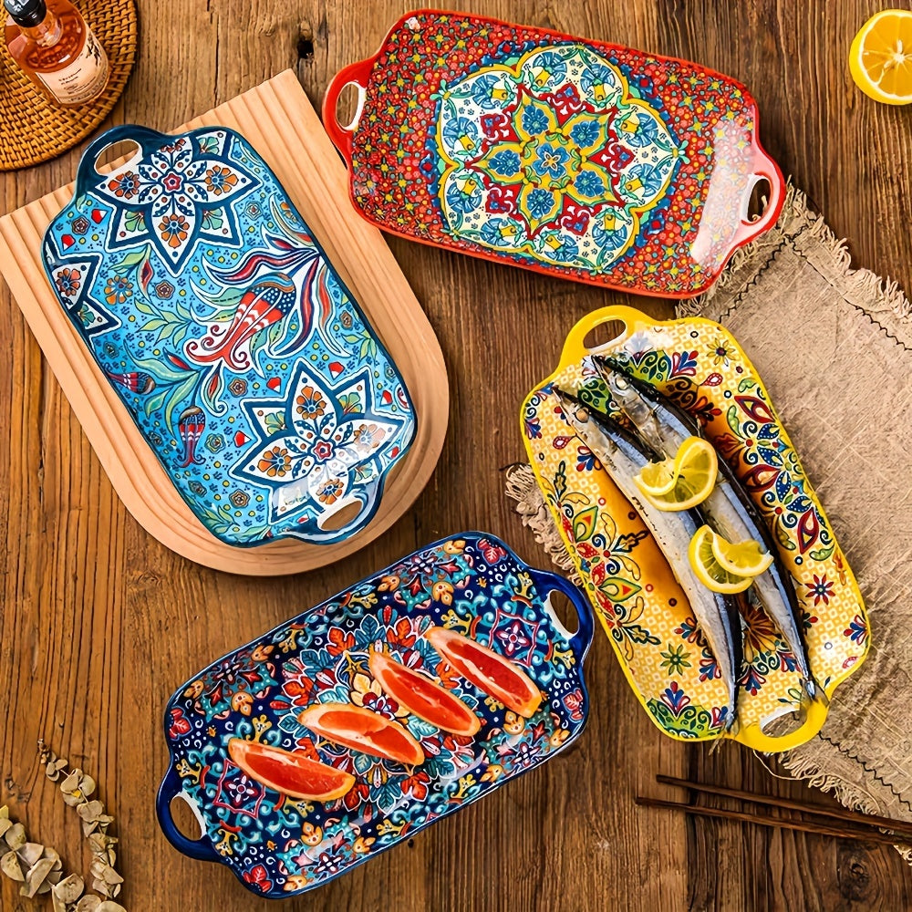 1 Piece Ceramic Bohemian Style 12.8-Inch Fish Plate with Double Handles – Kitchen Serving Platter – Rectangular Baking Dish Safe for Microwave & Oven