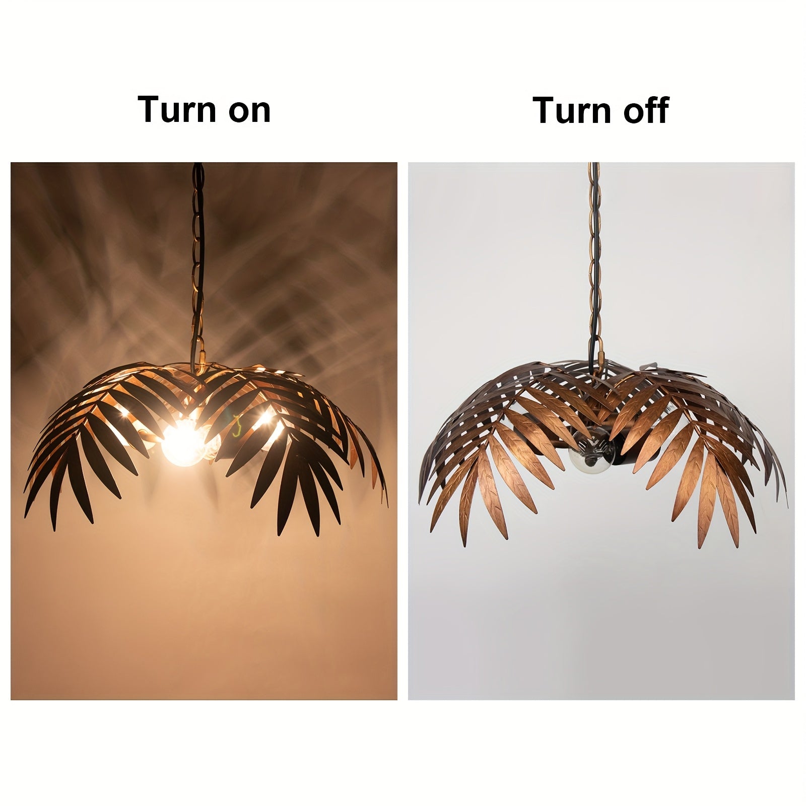 Vintage adjustable tropical palm branch pendant light - height-adjustable ceiling light fixture, with polished metal palm branches and leaves, semi-flush mount design, suitable for bedroom, hallway, bar (bulb not included)