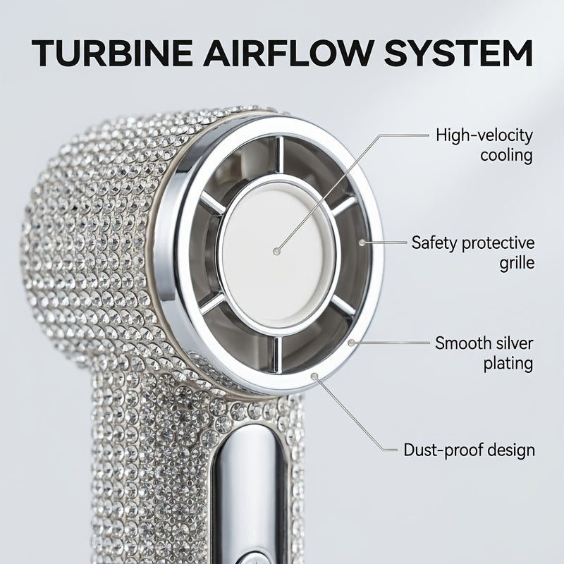 New Rhinestone Turbo High-Speed Handheld Fan, 100-Step Stepless Speed Regulation, Must-Have for Outdoor Travel & Activities, Portable Mini Fan with Strong Wind & Long Battery Life