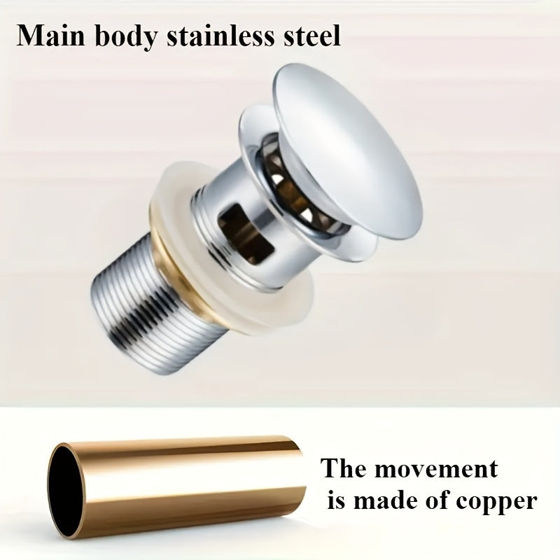 1-Piece Stainless Steel Pop-Up Sink Drain - Push-to-Close, Odor-Proof Bathroom Glass Basin Drainer, Washbasin Waste Fitting