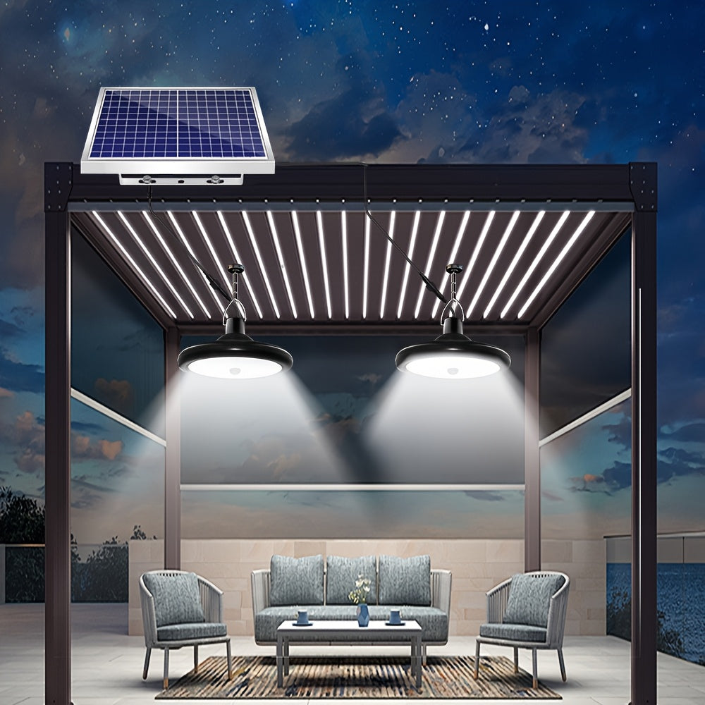 Solar pendant light with motion sensor, one-to-two dual-head dual remote control, waterproof solar barn light, multiple modes adjustable brightness, soft light eye-friendly, suitable for indoor and outdoor, barn, chicken coop, workshop