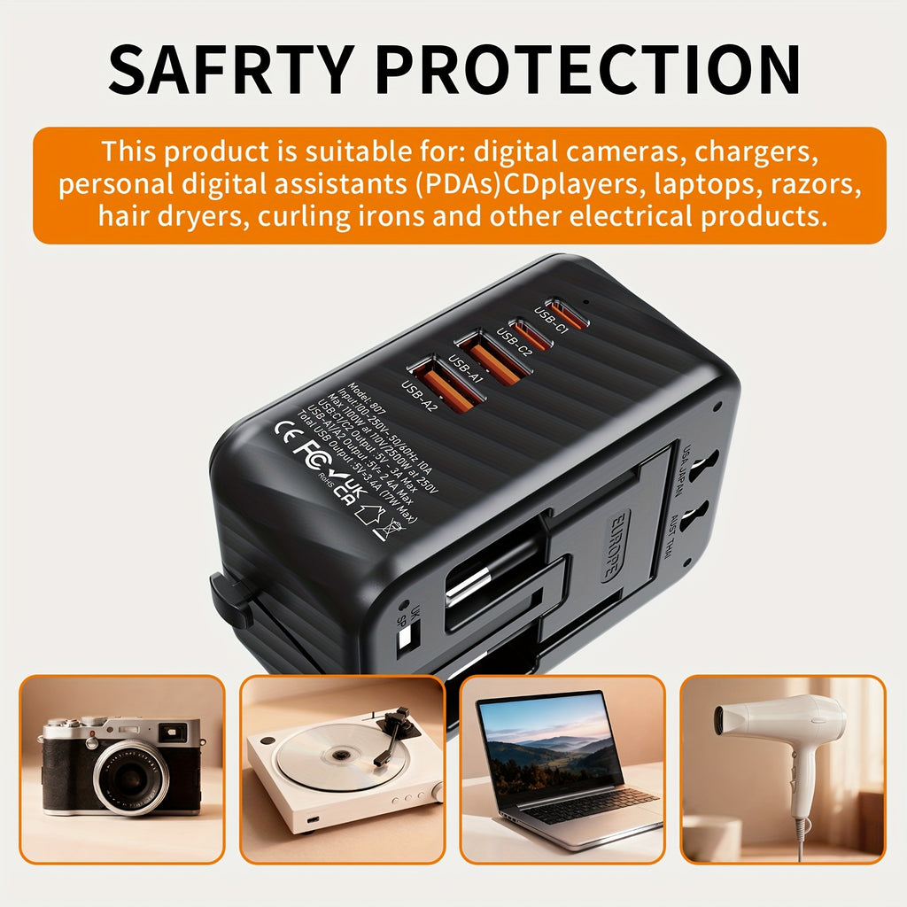 5-In-1 Universal Travel Adapter Featuring 2 USB-C And 2 USB-A Ports, Supporting PD And QC 3.0 Fast Charging. This International Power Plug Converter Is Suitable for Use in The US, EU, UK, AU, And Asia